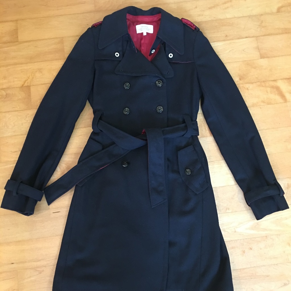 Womens Trovata Wool Trench Coat, Navy, XS